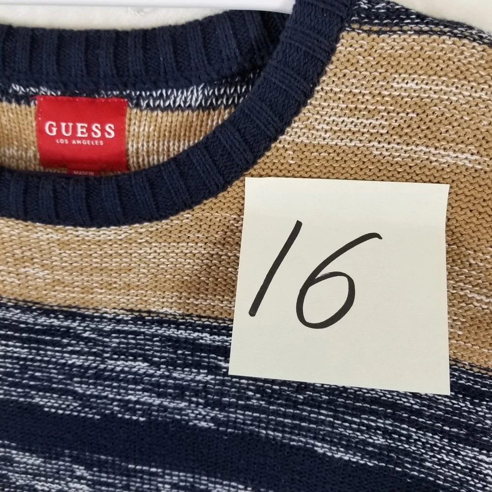 GUESS Los Angeles Mens Large Striped Crewneck Sweater Navy‎ Blue Tan Knit L